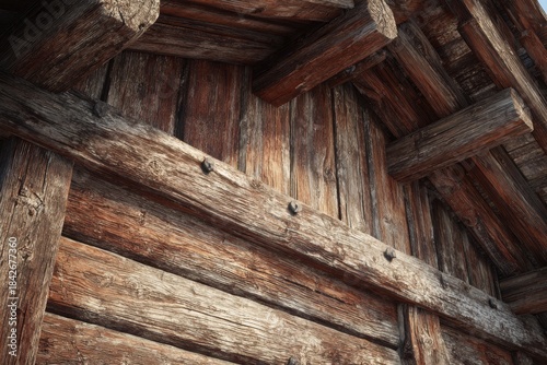 Rustic wooden structure featuring weathered timbers, secured with visible fasteners and showcasing the raw texture of aged wood.