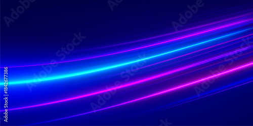 Abstract blue background with flowing dark and light purple glowing lines, forming a smooth motion wave design and texture