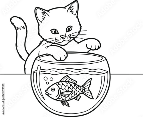 Curious Kitten Peering into Fish Bowl with Single Fish