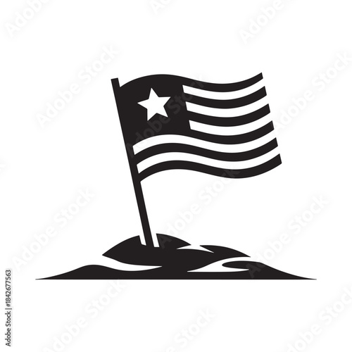 A monochromatic icon depicting a waving flag with a single star planted on a small hill