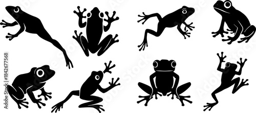 Frog Silhouette Vector Set – Jumping, Tree Frog, and Amphibian Wildlife Icons