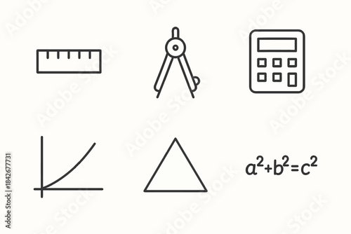 Math tools and symbols: ruler, compass, calculator, graph, triangle, equation