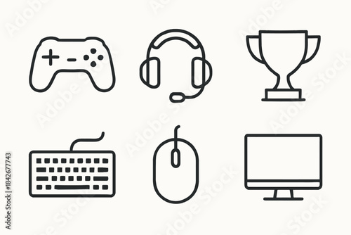 Gaming icons set: controller, headset, trophy, keyboard, mouse, monitor