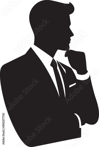 Silhouette of a man in a suit, with his hand on his chin, deep in thought, representing business, strategy, and problem-solving.