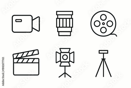 Minimalist icon set of filmmaking equipment with camera and reel