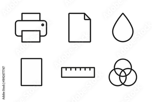 Set of printer-related icons including print, paper, ink drop, and ruler