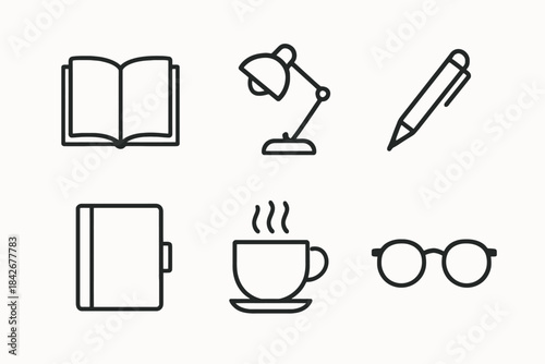 Minimalist icons: book, lamp, pen, notebook, coffee cup, glasses