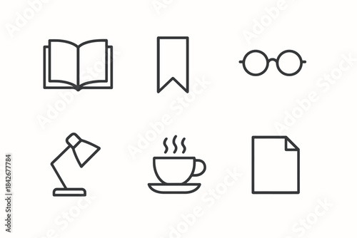 Minimalist icons of book, bookmark, glasses, lamp, coffee, and paper