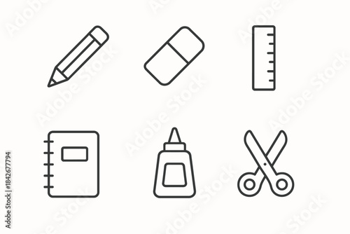 Simple line icons of pencil, eraser, ruler, notebook, glue, and scissors