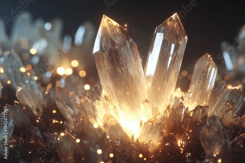 Crystal Formation: A cluster of radiant crystals, illuminated by ethereal golden light, showcasing nature's mineral artistry and geological wonders.