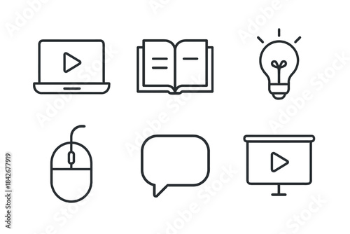 Digital learning icons: laptop, book, lightbulb, mouse, speech bubble, presentation