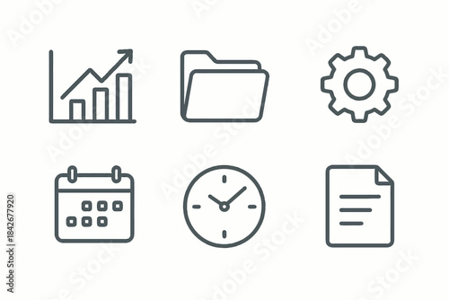 Business and office icons: graph, folder, gear, calendar, clock, document