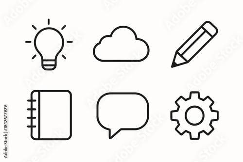 Minimalist icon set: lightbulb, cloud, pencil, notebook, speech bubble, gear