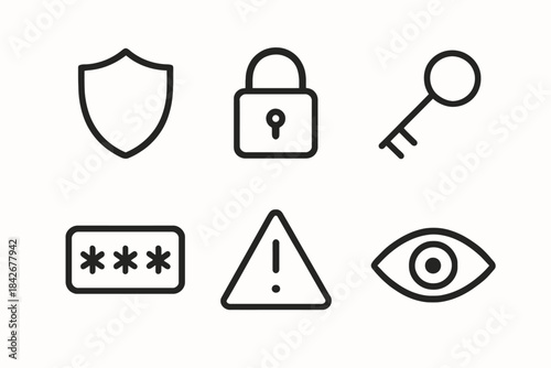 Security icons: shield, lock, key, password, warning, eye symbols for protection