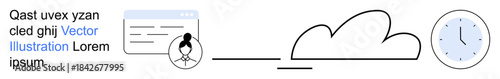 Technology, cloud computing, time management, user interaction, data organization, remote access. A cloud connected to a clock and user profile. Technology and cloud computing concept