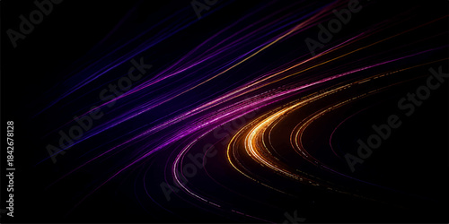 Abstract colorful vector illustration with glowing blue and purple fractal wave swirls and vortex motion on a black digital space texture backdrop