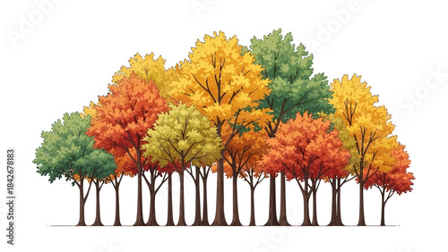 A row of trees with vibrant, multicolored leaves in shades of green, yellow, orange, and red, set against a clean white background, symbolizing thanks giving.