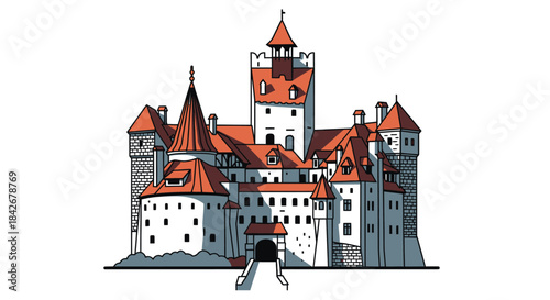 Charming Medieval Fortress Castle Illustration with Red Roofs and Towers