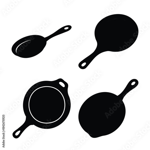 Kitchen utensils and cookware silhouettes, spoon and pans