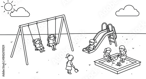 Detailed Line Art Children Playing Happily on Outdoor Playground Equipment