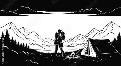 Romantic Embrace by Campfire in Mountain Lake Landscape Illustration