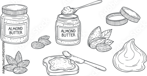 Hand-drawn vector illustration of almond butter jars, spoon, and almonds for food-related design projects