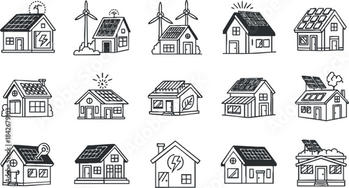 Collection of modern vector illustrations showcasing eco-friendly homes featuring solar panels and wind turbines for renewable energy concepts
