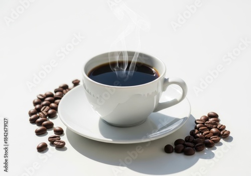 Hot steaming cup of black coffee with roasted coffee beans on white background
