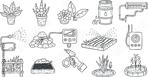 Outline vector illustration of gardening tools and plants for landscaping, irrigation systems, and indoor gardening concepts