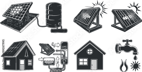 Vector illustration of solar energy systems including panels, water heating, and home energy solutions for sustainable living