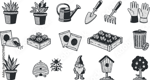 Hand-drawn vector icons representing gardening tools and plants, ideal for botanical designs and eco-themed projects