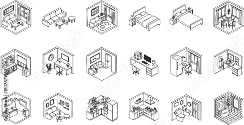 Isometric vector illustration set featuring various interior designs including living rooms, bedrooms, and office spaces for creative projects.