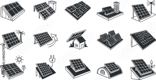 Vector illustration collection of solar energy systems and buildings featuring solar panels for eco-friendly technology solutions