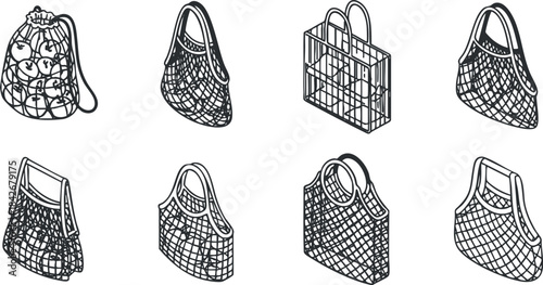 Collection of hand-drawn vector illustrations featuring various styles of reusable shopping bags and baskets for eco-friendly design projects