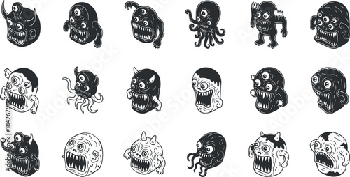 Set of playful black and white vector illustrations featuring various cartoon monster faces and octopus designs for creative projects