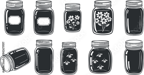 Hand-drawn vector illustration set of mason jars featuring floral designs and bee motifs for packaging and decorative use