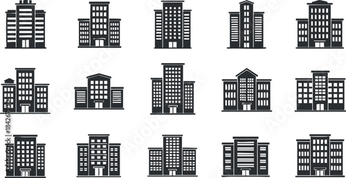 Collection of modern buildings vector icons designed in a minimalist style for urban planning and architectural projects