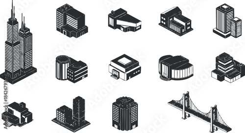 Vector illustration set of modern buildings and skyscrapers in a minimalist flat design style for urban planning and architecture projects