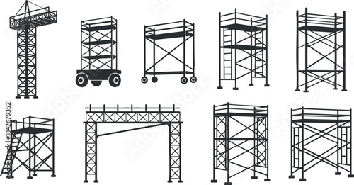 Collection of black and white vector illustrations of various scaffold structures for construction and engineering projects