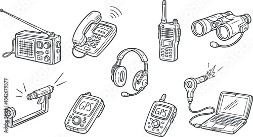 Hand-drawn vector illustration of various communication gadgets including radios, phones, headphones, and GPS devices for technology themes
