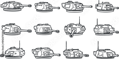 Vector illustration set of military tanks in outline style for defense and warfare design projects