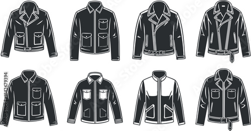 Collection of modern vector illustrations featuring various jacket designs in a minimalist style for fashion and apparel branding