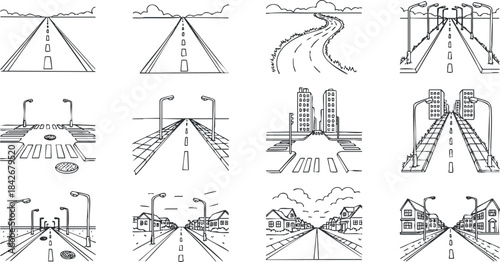Collection of hand-drawn vector illustrations showcasing various road and city landscapes for design and planning projects