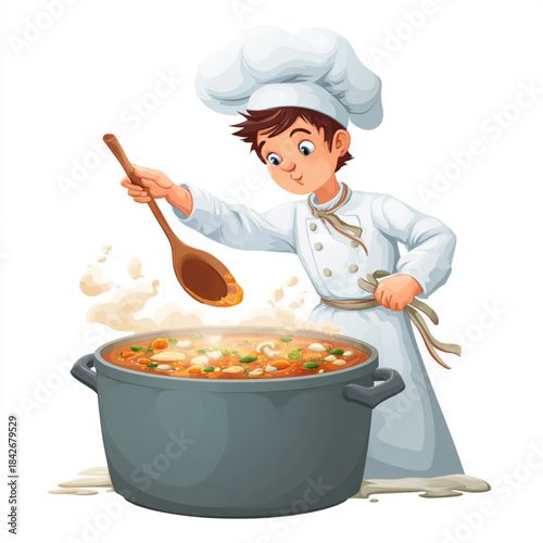 A young chef, carefully stirring a pot of delicious soup