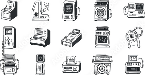 Hand-drawn vector set of kitchen and household appliances icons for home design and technology concepts