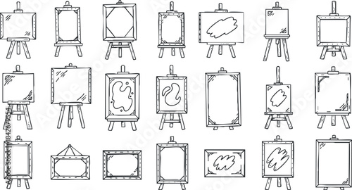 Hand-drawn vector illustration of various picture frames on easels, ideal for design projects and creative displays