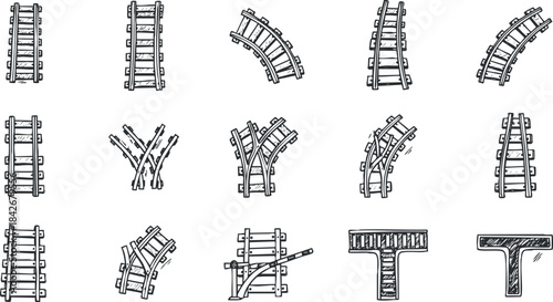 Hand-drawn vector illustration set of various railroad tracks and switches for transportation and engineering projects