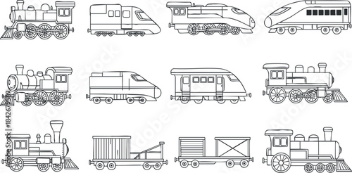 Outline vector illustration of various train types, including locomotives and passenger trains for transportation design projects