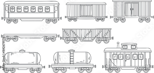 Outline vector illustration set of various train cars including passenger, freight, and cargo styles for transportation themes