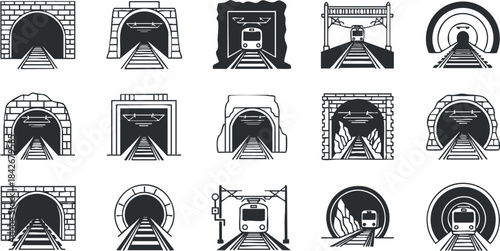 Set of minimalist black and white vector illustrations of train tunnels and railway tracks for urban transportation concepts